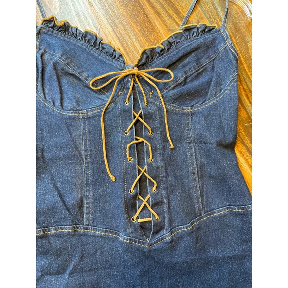 GAS CO Vintage Denim Corset Mini Dress Dark Wash Lace Up Western Blue Size 11 - Picture 8 of 11